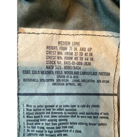 US ARMY Cold Weather Field Jacket Coat Woodland Camouflage Medium Long Y2K Gift - Picture 5 of 16